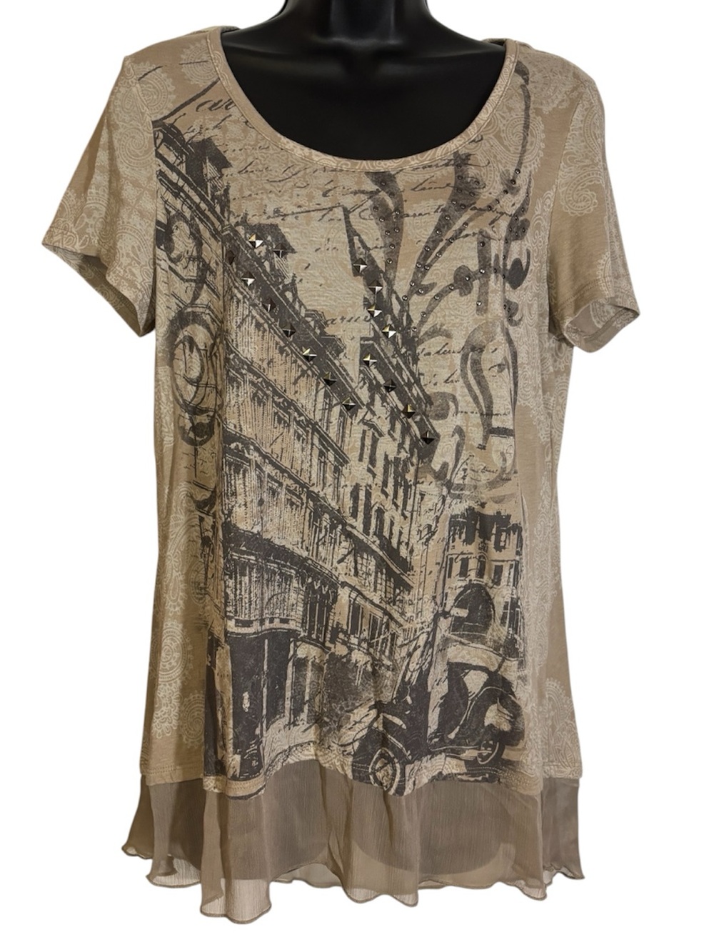 Style & Co Embellished T-Shirt Scoop Neck Short Sleeve Gauze Hem Women’s Medium